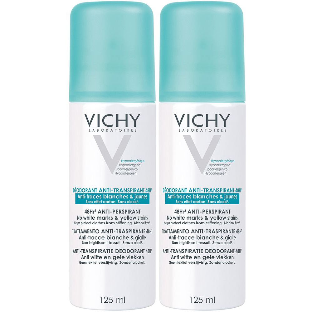 Due deodoranti Vichy. Flacone bianco, tappo blu. Testo: Anti-traspirante 48H, 125 ml. Ipoallergenico.