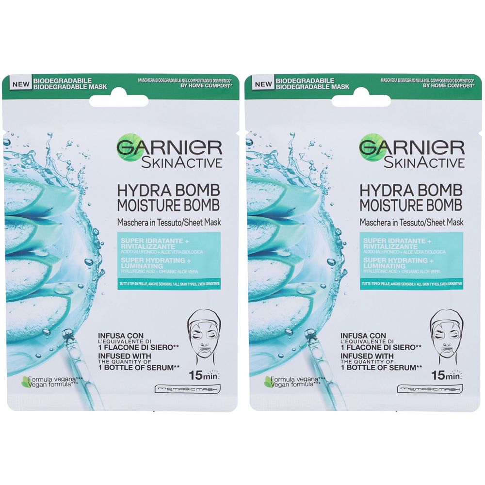 Garnier Maschera in Tessuto Skin Active Hydra Bomb, Con Acido Ialuronico e Aloe Vera Biologica, 28 gr Set da 2
