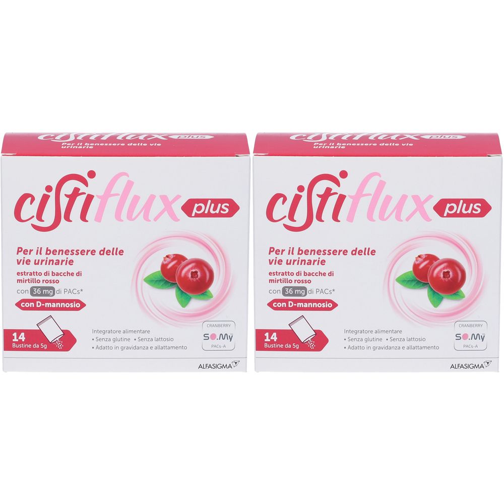 Due confezioni di Cistiflux Plus. Scritta: Per il benessere delle vie urinarie. Illustrazione di mirtilli rossi. Contiene 14 bustine.