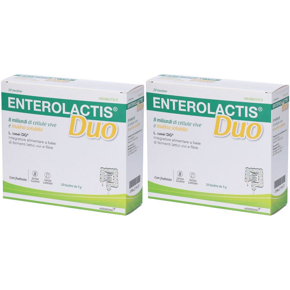 Due confezioni di Enterolactis Duo. Confezione bianca con dettagli verdi e gialli. Testo: Enterolactis Duo, 20 bustine.