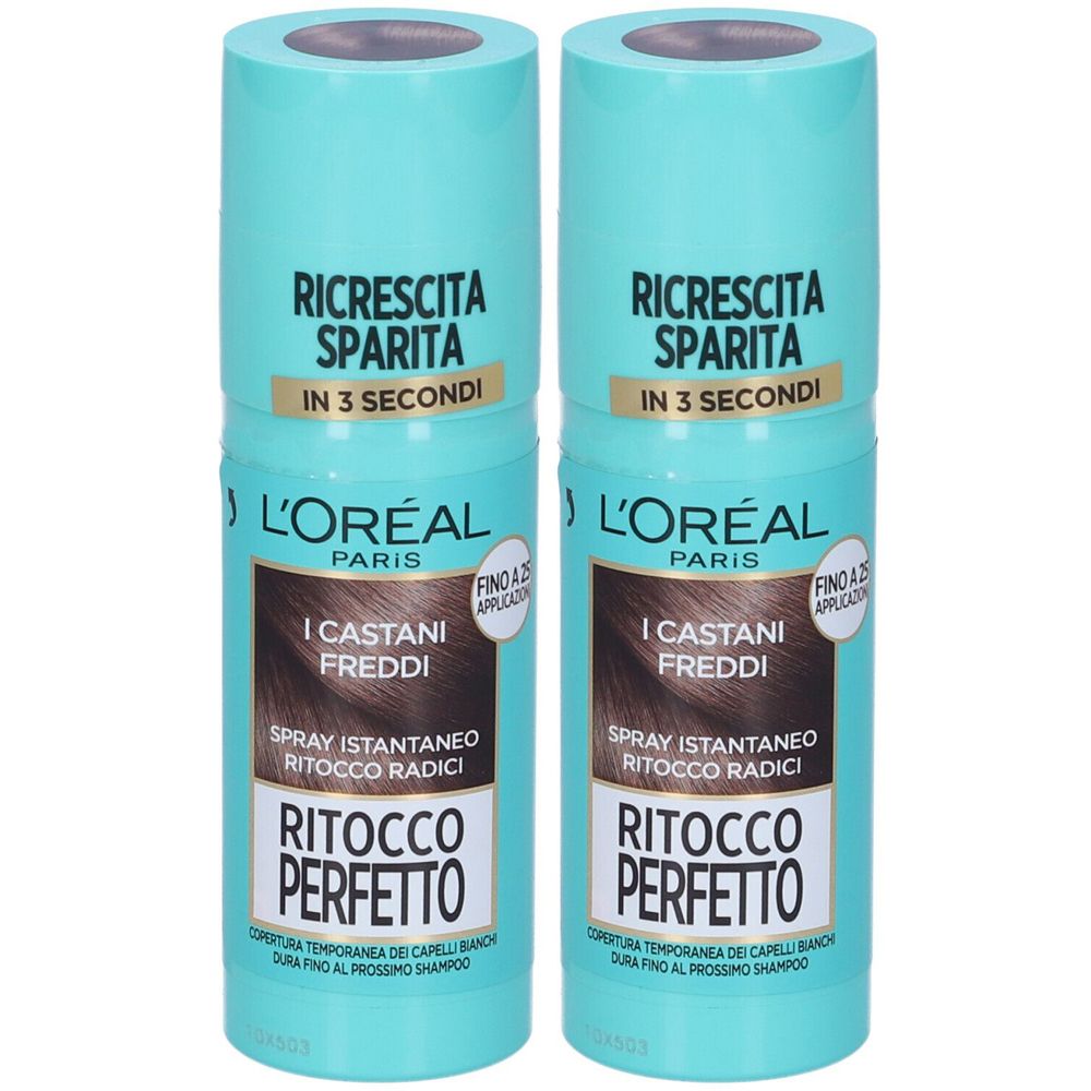 Due spray L'Oréal Paris. Flaconi turchesi con stampa marrone. Testo: Ritocco Perfetto, I Castani Freddi.