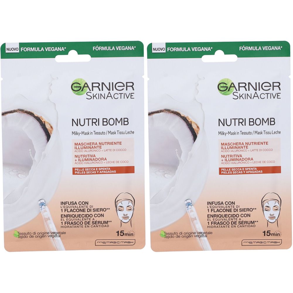 Due maschere viso Garnier SkinActive Nutri Bomb. Confezione con motivo latte di cocco e informazioni.