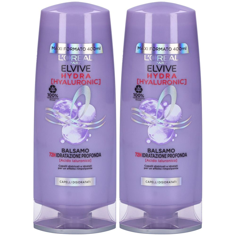 Due flaconi di balsamo per capelli viola. Scritta: L'Oréal Paris Elvive Hydra Hyaluronic. Formato maxi 400ml.