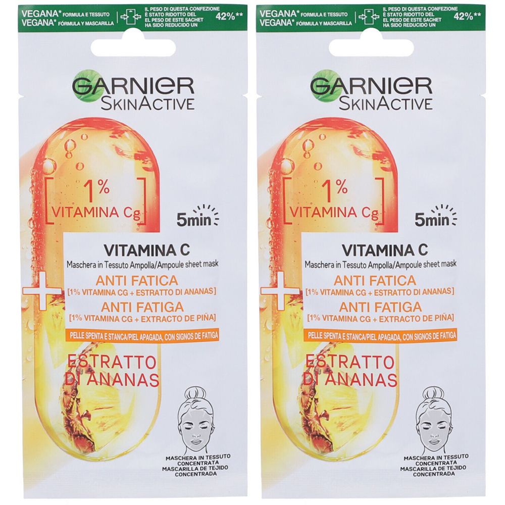Due maschere viso Garnier SkinActive. Scritta: Vitamina C, Anti-fatica, estratto di ananas. Formula vegana.