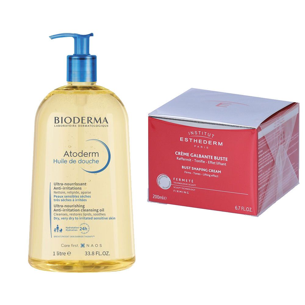 Bioderma Atoderm Olio doccia e Institut Esthederm Crema. Flacone olio doccia con dosatore, giallo. Scatola crema rossa e bianca.