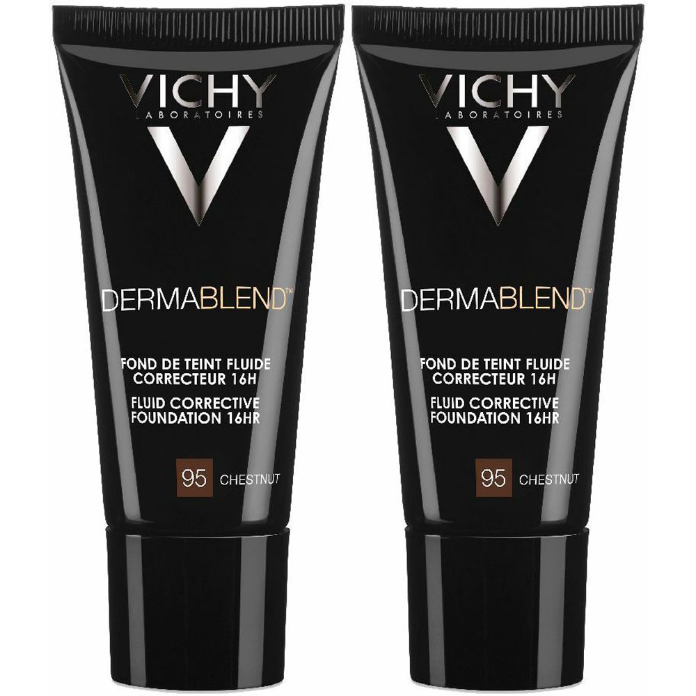 Due tubi di fondotinta Vichy Dermablend. Tubi neri con testo bianco. Tonalità 95 Chestnut.