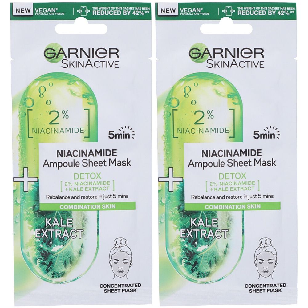Due maschere viso Garnier SkinActive. Scritto: Niacinamide Ampoule Sheet Mask, Detox, Kale Extract. Vegano.