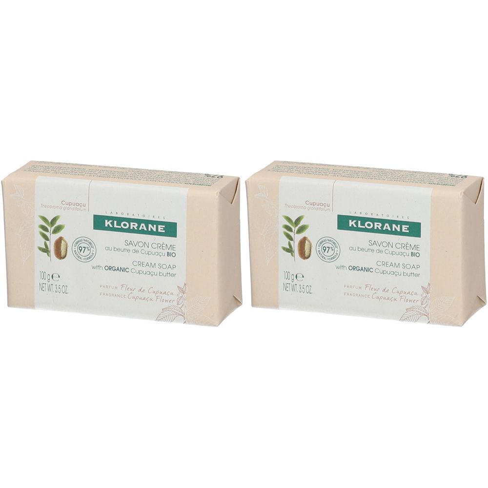 Due saponette confezionate color crema. Scritta: KLORANE, SAVON CRÈME, BIO.