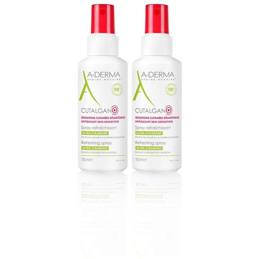 Due flaconi spray bianchi con tappo rosso. Scritta: A-DERMA, CUTALGANO, Spray rinfrescante, Ultra-Calmante.