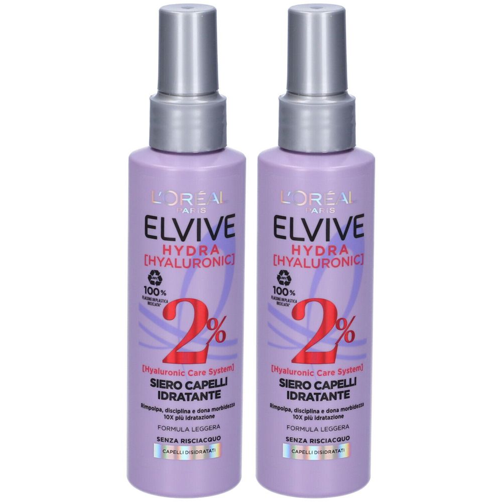 Due flaconi di spray per capelli. Scritta: ELVIVE HYDRA [HYALURONIC] 2%. Siero Capelli Idratante. Senza risciacquo.
