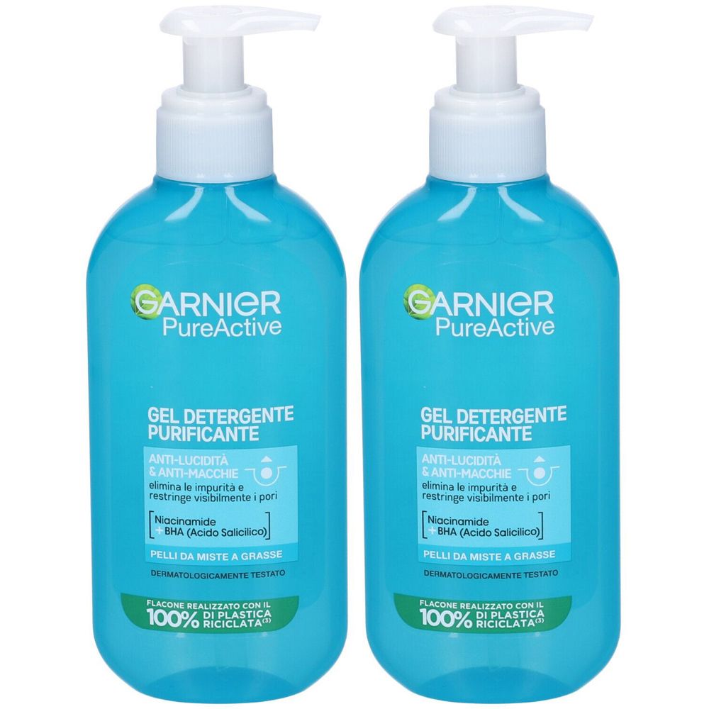 Garnier Gel Detergente Pure Active, Gel detergente purificante quotidiano per pelli miste-con Imperfezioni, 200 ml Set da 2