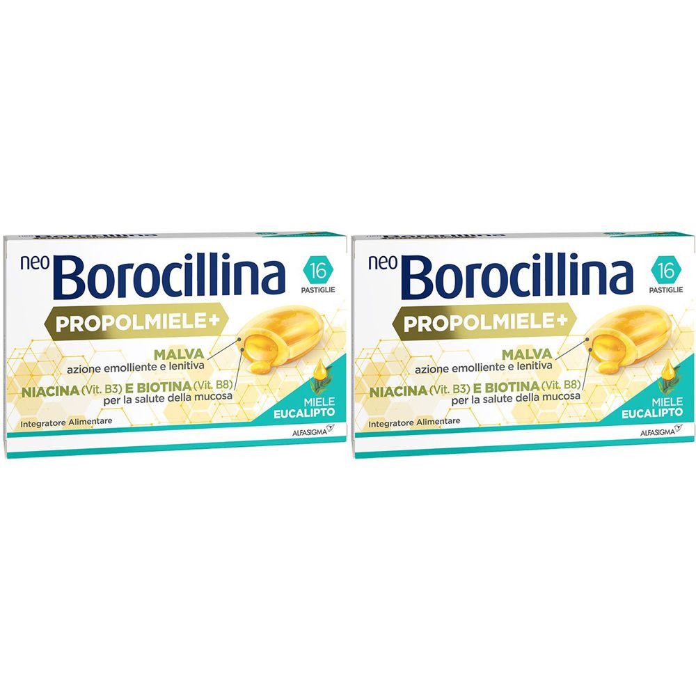 Due confezioni di "Borocillina Propolmiele+". Scritte: "Malva", "Niacina", "Biotina", "Miele Eucalipto".