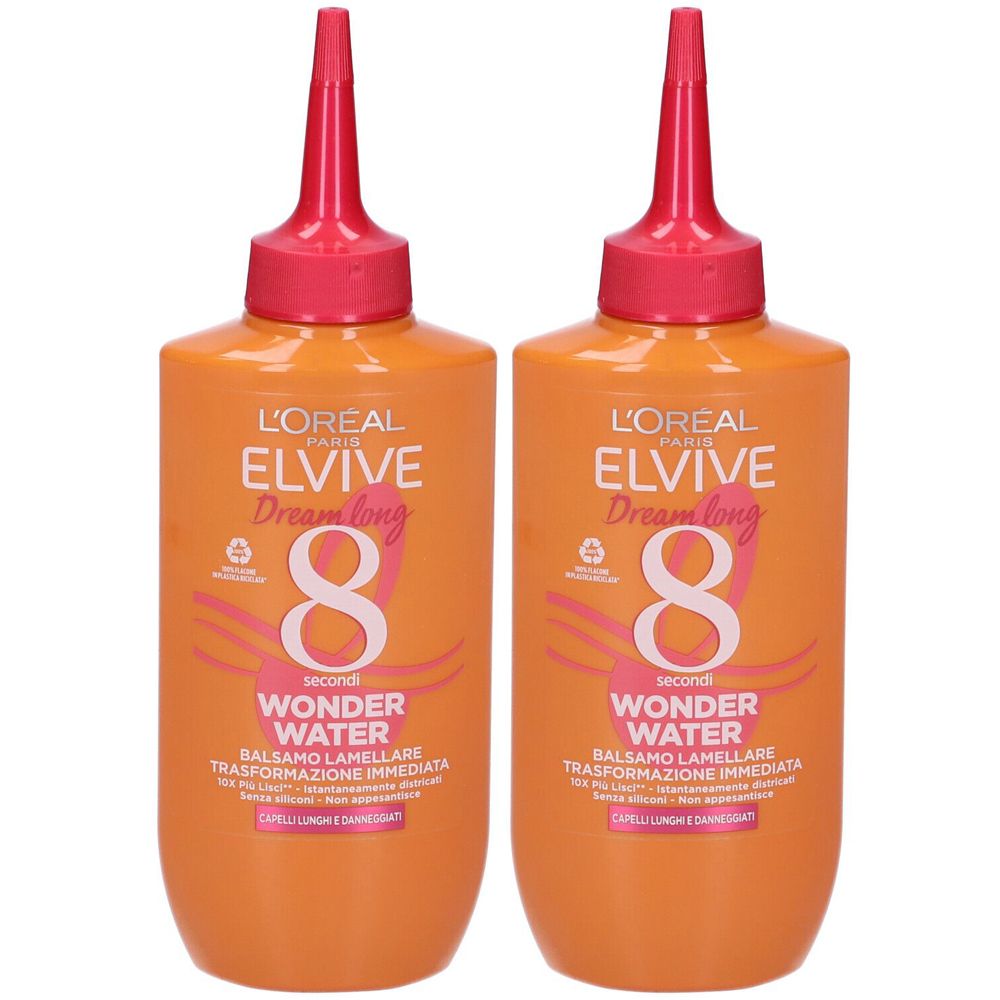 Due flaconi arancioni con tappi rossi. Scritta: L'Oréal Paris Elvive Dream long Wonder Water.