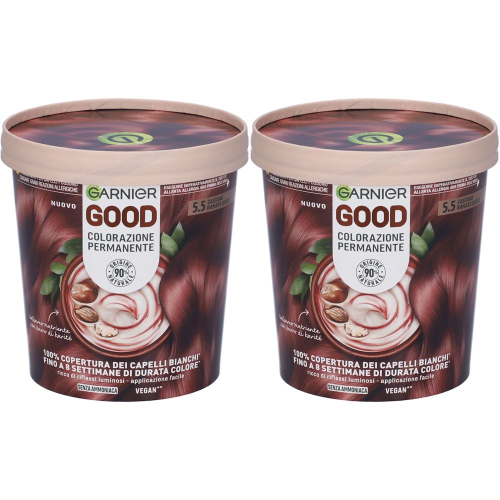 Due confezioni di tinta per capelli Garnier Good Colorazione Permanente 5.5. Sulla confezione sono visibili colore dei capelli e caratteristiche del prodotto.