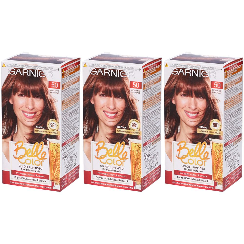 Garnier Tinta Capelli Belle Color, Colore Luminoso e Riflessi Naturali, Copre il 100% dei capelli bianchi, Mogano Naturale Set da 3