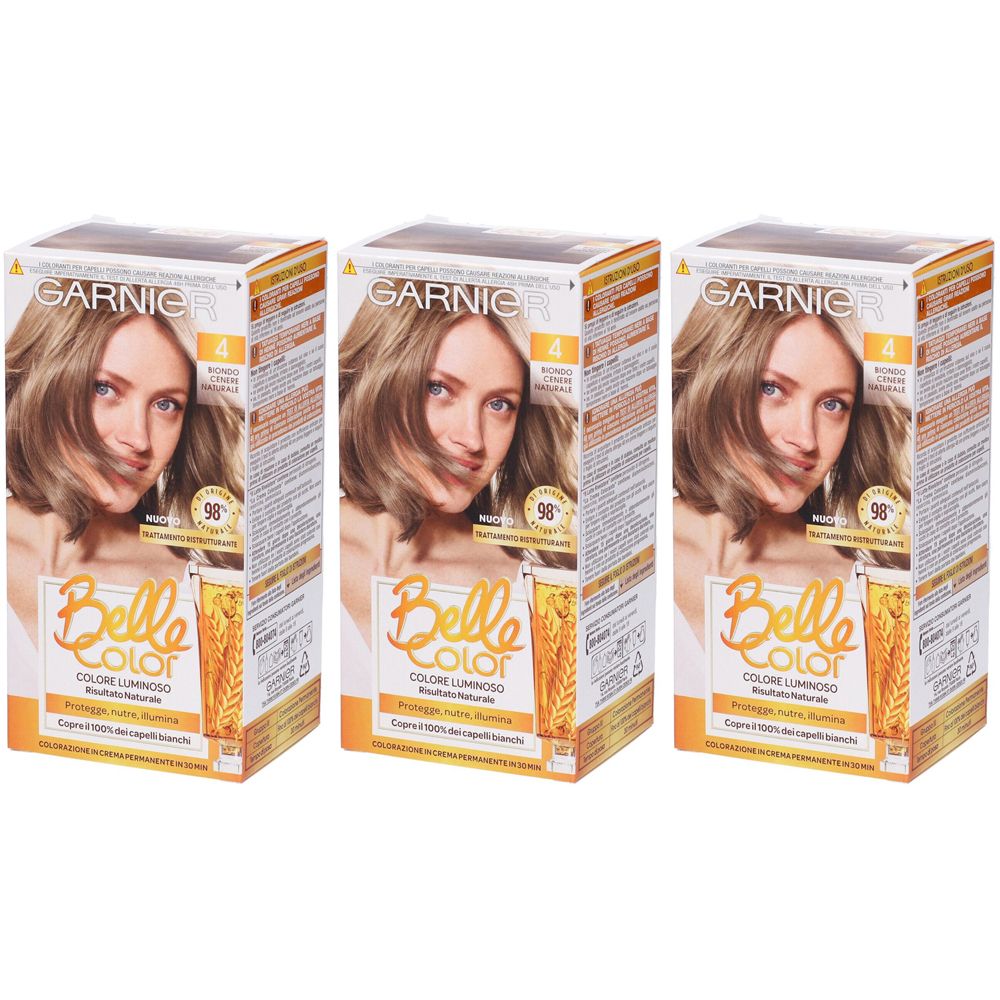 Garnier Tinta Capelli Belle Color, Colore Luminoso e Riflessi Naturali, Copre il 100% dei capelli bianchi, Biondo Cenere Naturale Set da 3