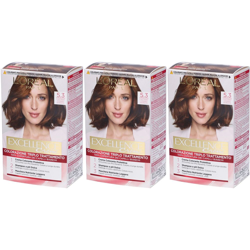 Tre scatole di L'Oréal Paris Excellence Crème. Ogni scatola presenta una donna con i capelli castani. Stampa 5.3.