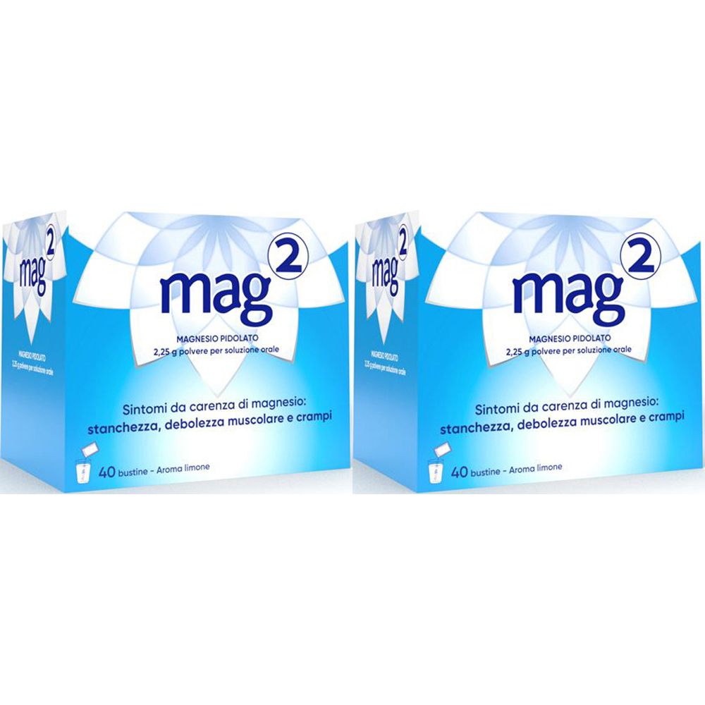 Due confezioni di Mag 2, confezione blu. Scritta: Mag 2, magnesio, sintomi da carenza di magnesio, 40 bustine.