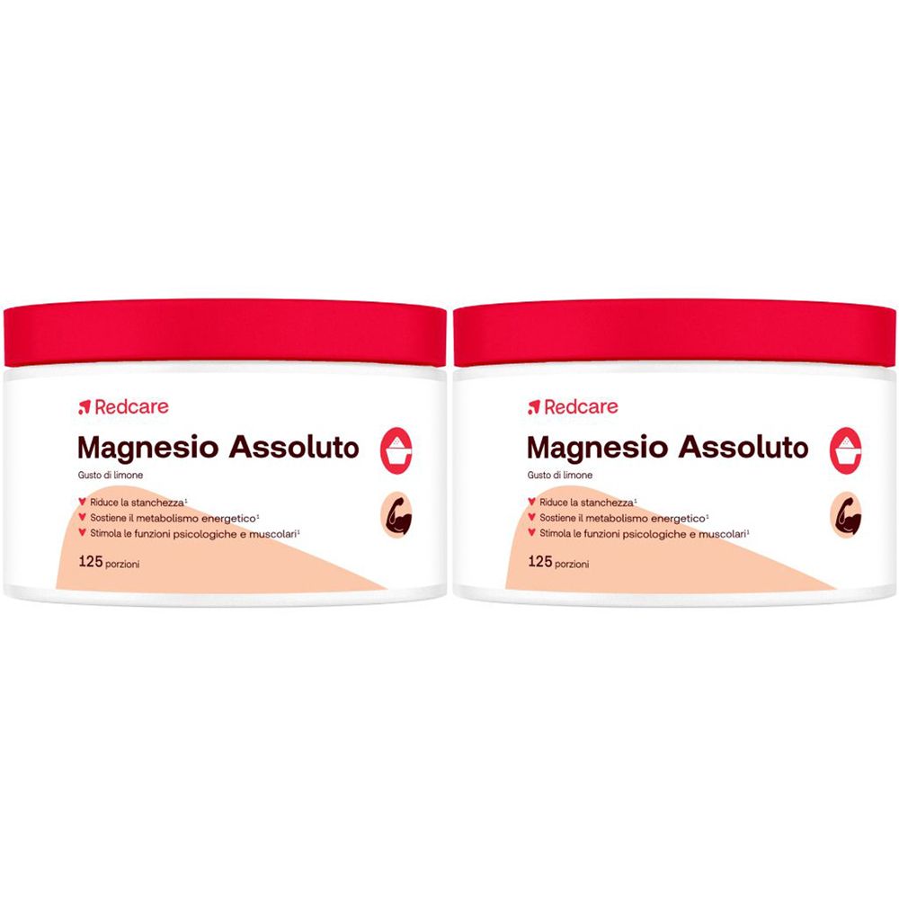 Due confezioni di Redcare Magnesio Assoluto. Contenitori bianchi con coperchi rossi e scritte.