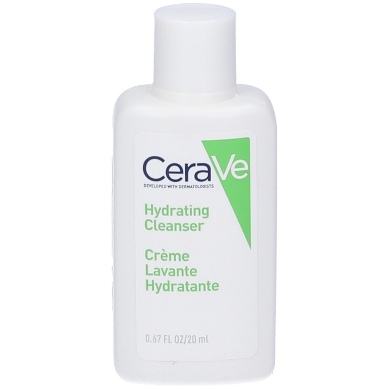 Flacone bianco con logo CeraVe e testo. Hydrating Cleanser, Crème Lavante Hydratante. 0.67 FL OZ/20 ml.