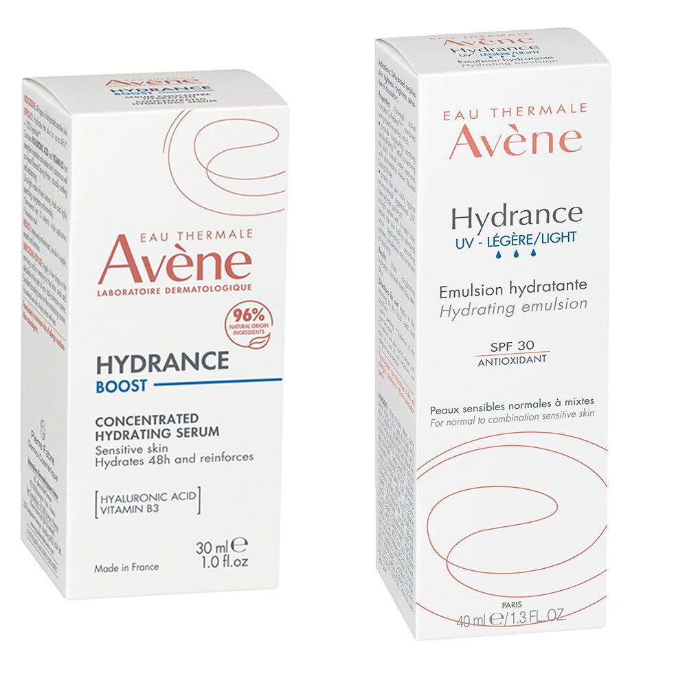 Due confezioni bianche Avène. A sinistra, Hydrance Boost Siero. A destra, Hydrance Emulsion SPF30. Scritte e loghi visibili.