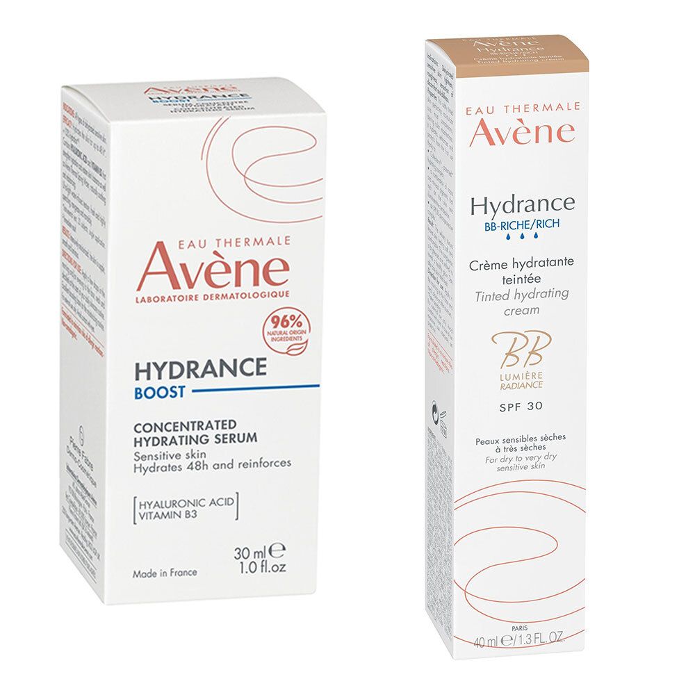 Avène Hydrance Boost Siero Concentrato Idratante + BB Ricca Crema Idratante Colorata SPF30