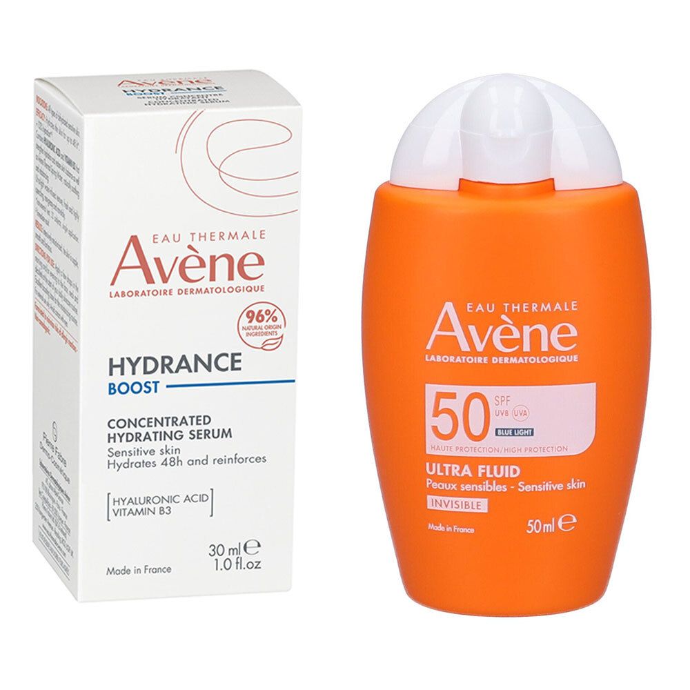Due prodotti: una scatola bianca e un flacone arancione. Sulla scatola c'è scritto "Avène Hydrance Boost". Sul flacone c'è scritto "Avène Ultra Fluid SPF50".