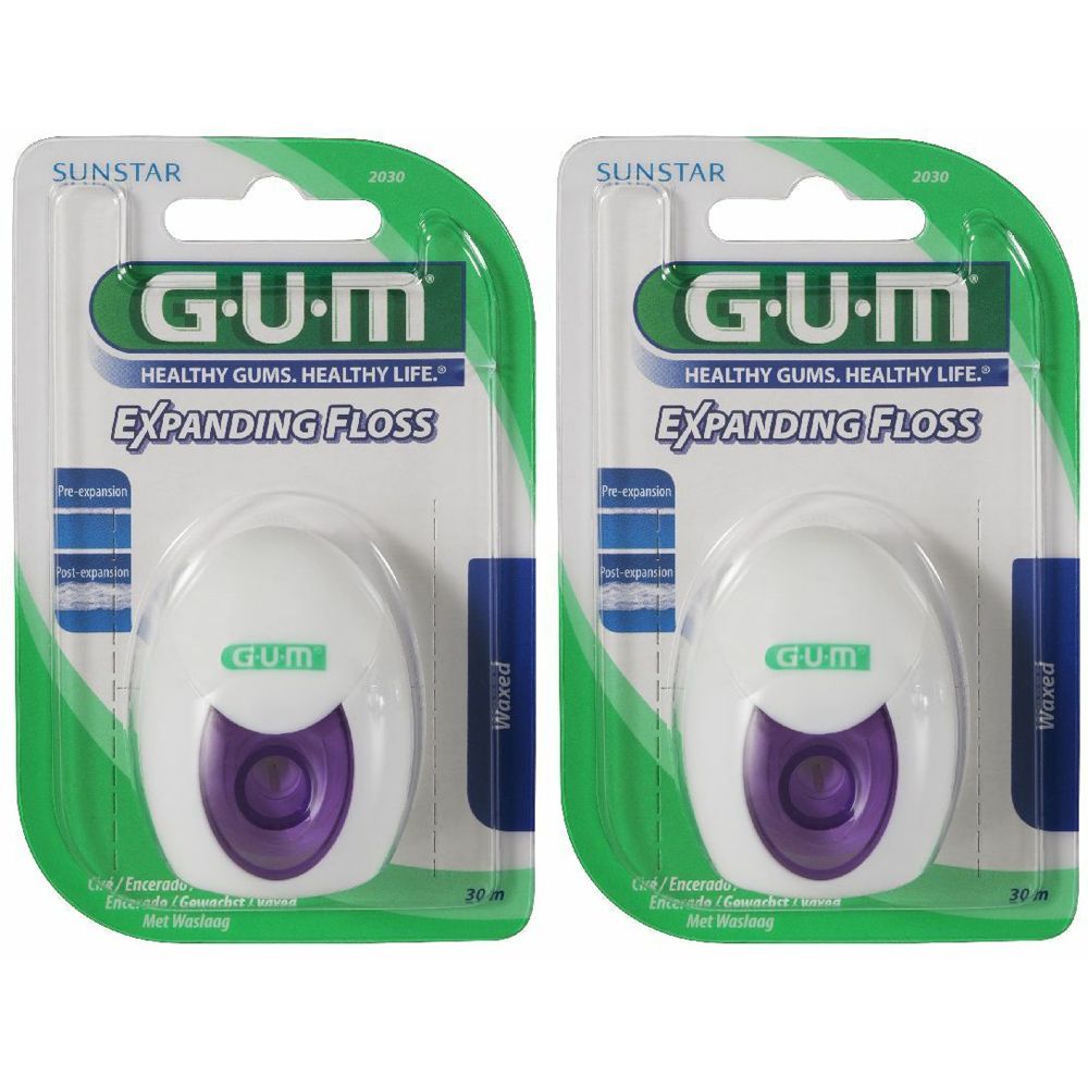 Due confezioni di filo interdentale. Contenitori ovali bianchi con apertura viola. Scritta: GUM Expanding Floss. Confezione con bordo verde.
