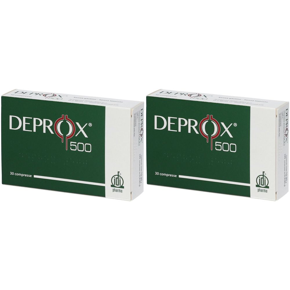 Due scatole di DEPROX 500. Ogni scatola contiene 30 compresse. Il logo è un simbolo rosso.
