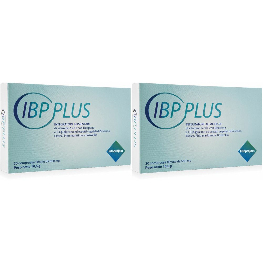 Due scatole con la scritta "IBP PLUS". Scritta: Integratore Alimentare. 30 compresse, 16,5 g.