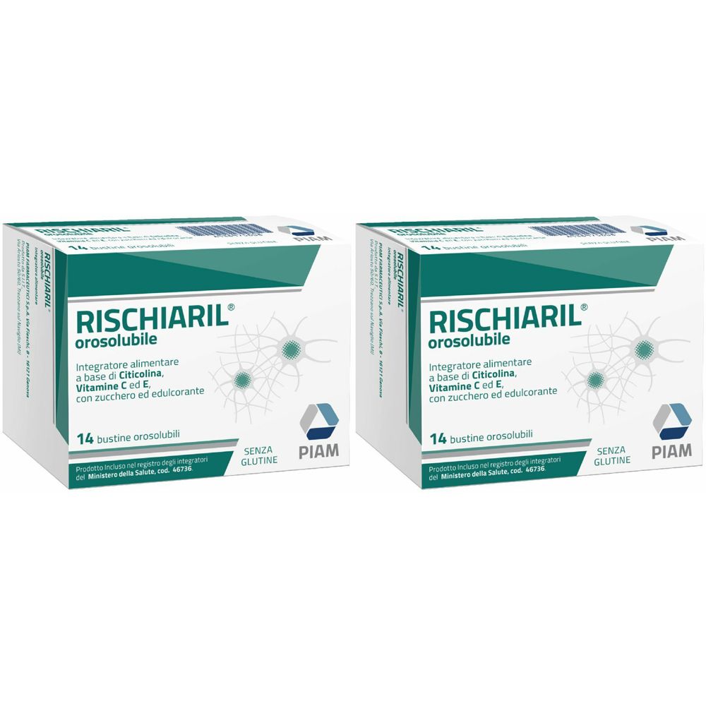 Due scatole di RISCHIARIL orosolubile. Ogni scatola contiene 14 bustine. Scritto: SENZA GLUTINE e PIAM.