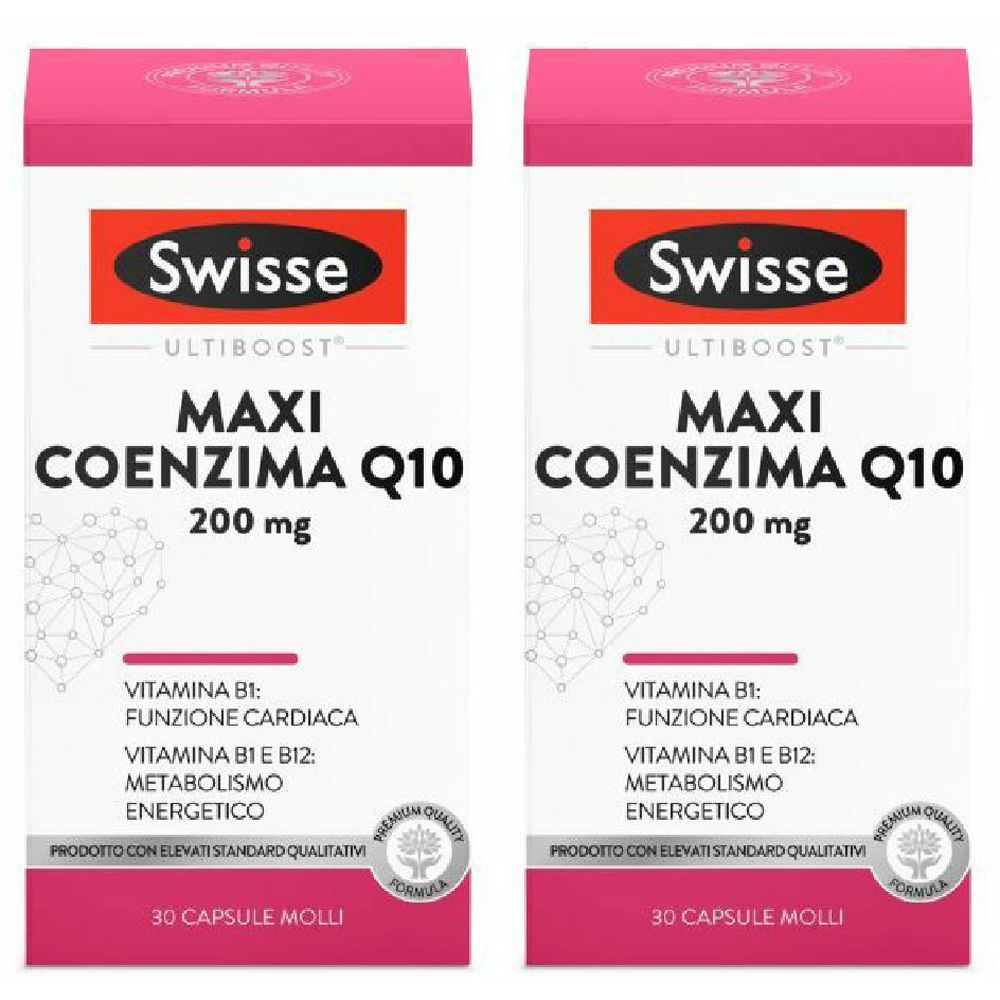 Due confezioni di Swisse Maxi Coenzima Q10. Scritta: 200 mg, 30 capsule. Contiene vitamina B1, B12. Qualità premium.