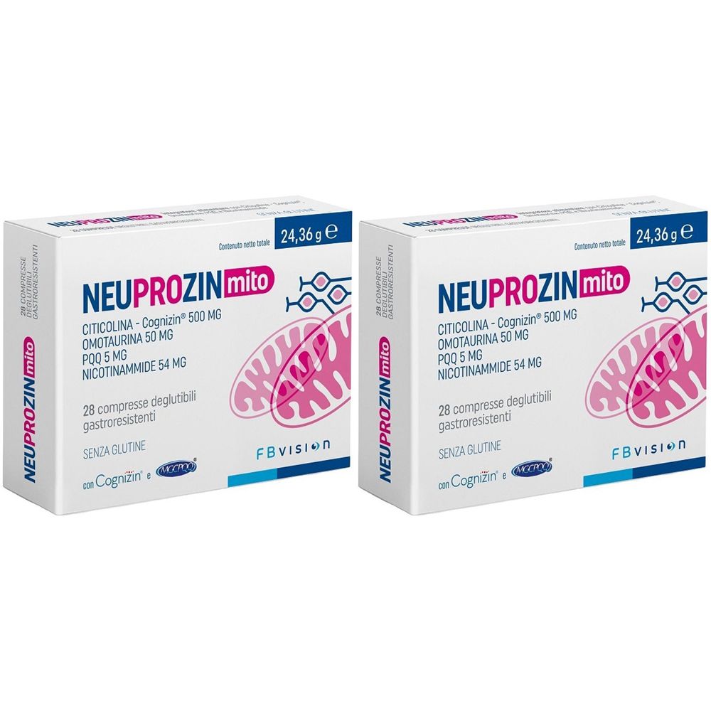 Due confezioni di Neuprozin Mito. Scritte: Citicolina, Omotaurina, PQQ, Nicotinammide. 28 compresse, senza glutine. Peso: 24,36 g.