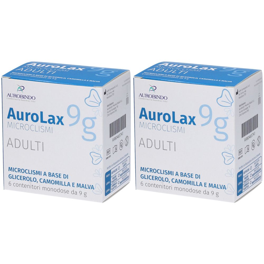Due scatole quadrate. Scritta: AuroLax, Microclismi, Adulti. Contiene 6 monodose. Ingredienti: Glicerolo, Camomilla, Malva.