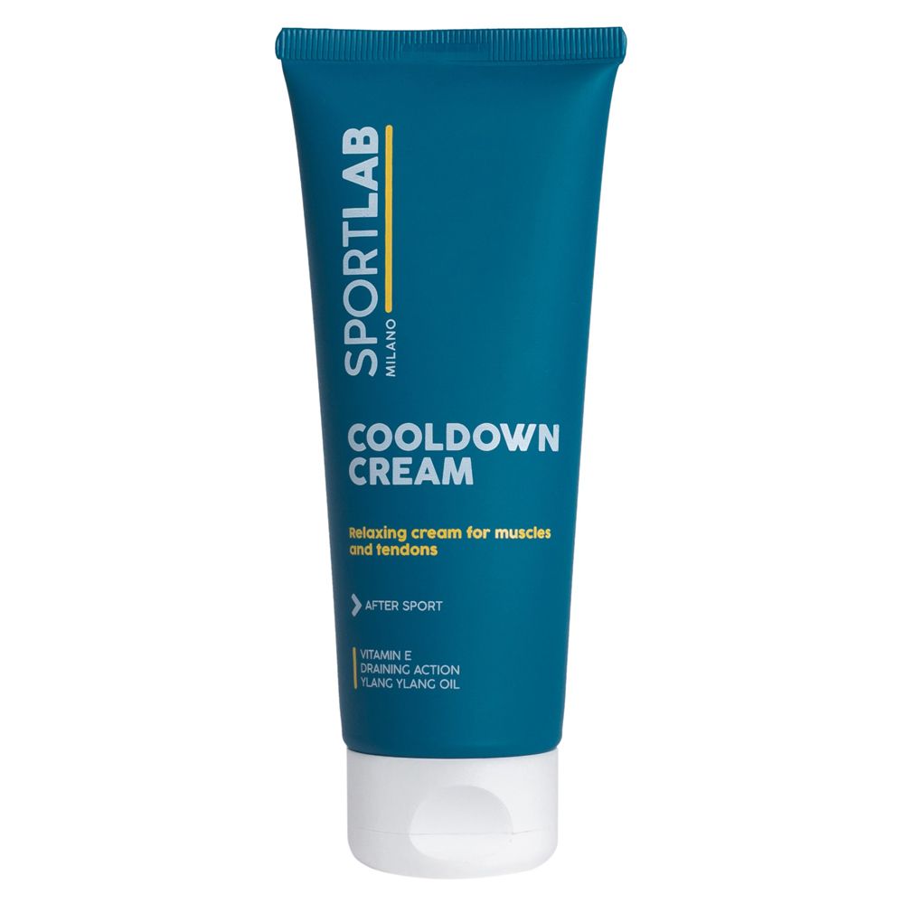 Tubo blu e bianco con testo. SPORTLAB Milano, COOLDOWN CREAM, Dopo lo sport, Vitamina E. Crema rilassante per muscoli e tendini.