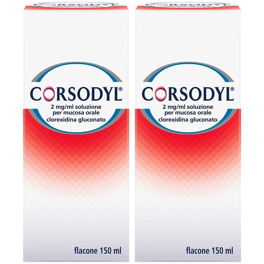 Due scatole bianche con design rosso e blu. Scritta: CORSODYL, 2 mg/ml soluzione per mucosa orale, flacone 150 ml.