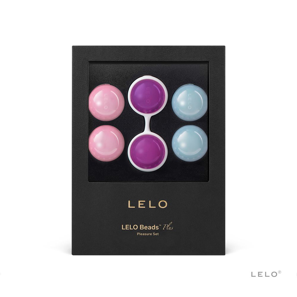 Schwarze Verpackung mit sechs Kugeln in Rosa, Lila und Blau. Text: LELO Beads Plus. Schwarzer Rahmen.