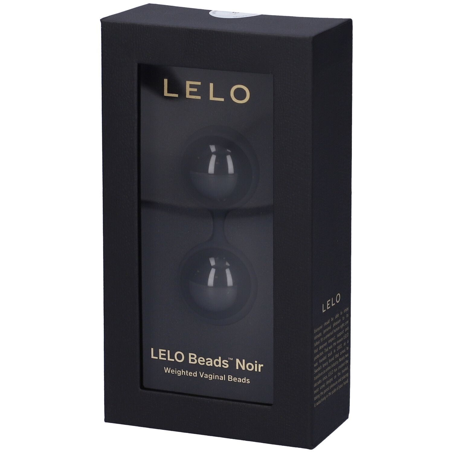 Schwarze Produktverpackung mit transparentem Fenster. Enthält zwei Kugeln. Marke: LELO. Produktname: LELO Beads Noir.