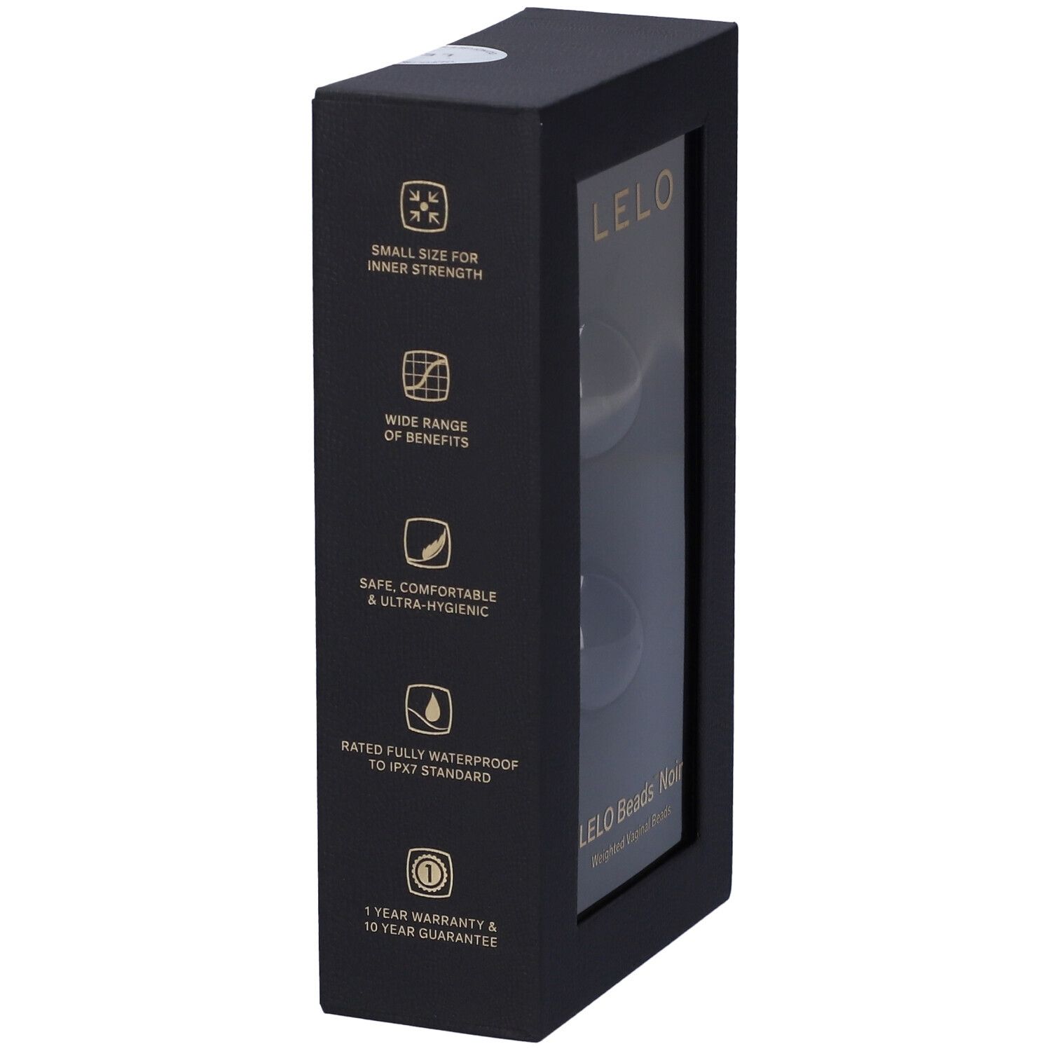 Schwarze Produktverpackung mit Symbolen und Text. Enthält zwei Kugeln. Marke: LELO. Produktname: LELO Beads Noir.
