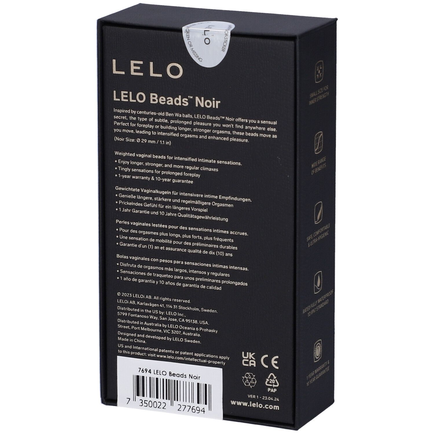 Rückseite der schwarzen Produktverpackung. Text und Produktinformationen. Marke: LELO. Produktname: LELO Beads Noir.