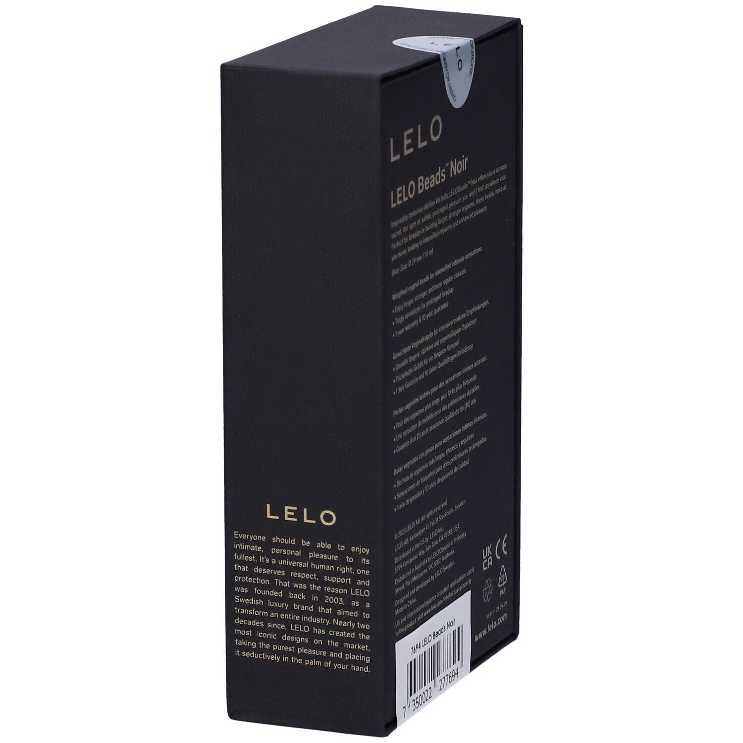 Seite der schwarzen Produktverpackung. Text und Produktinformationen. Marke: LELO. Produktname: LELO Beads Noir.