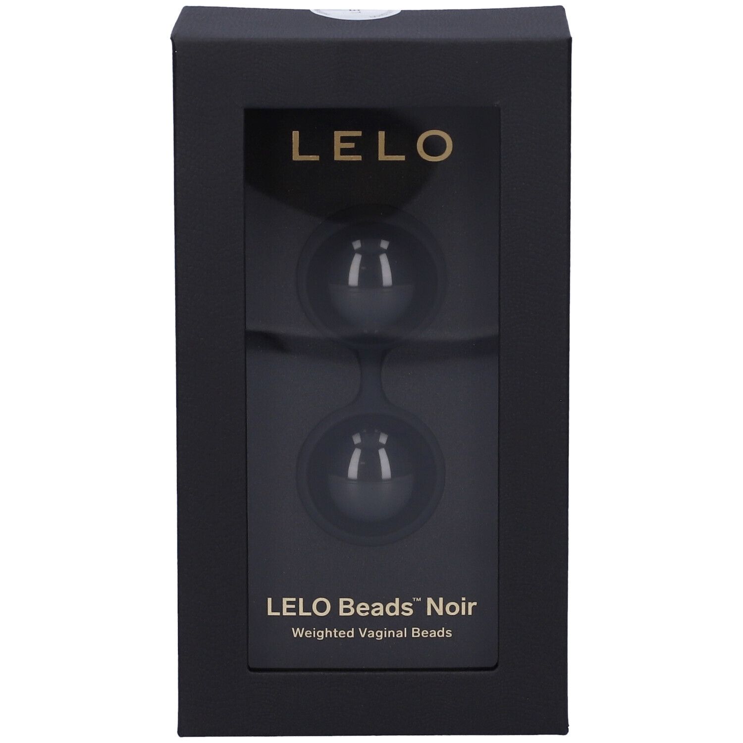 Schwarze Produktverpackung mit transparentem Fenster. Enthält zwei Kugeln. Marke: LELO. Produktname: LELO Beads Noir.