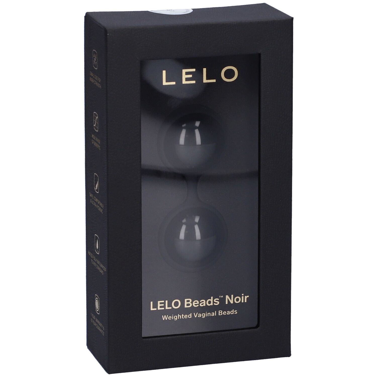 Schwarze Produktverpackung mit transparentem Fenster. Enthält zwei Kugeln. Marke: LELO. Produktname: LELO Beads Noir.
