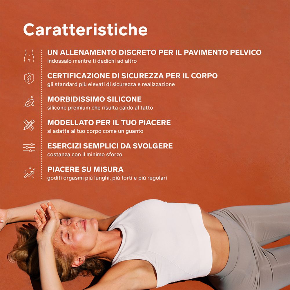 Eine Frau liegt auf einer blauen Matte. Text: 'Diskretes Training für den Beckenboden'.