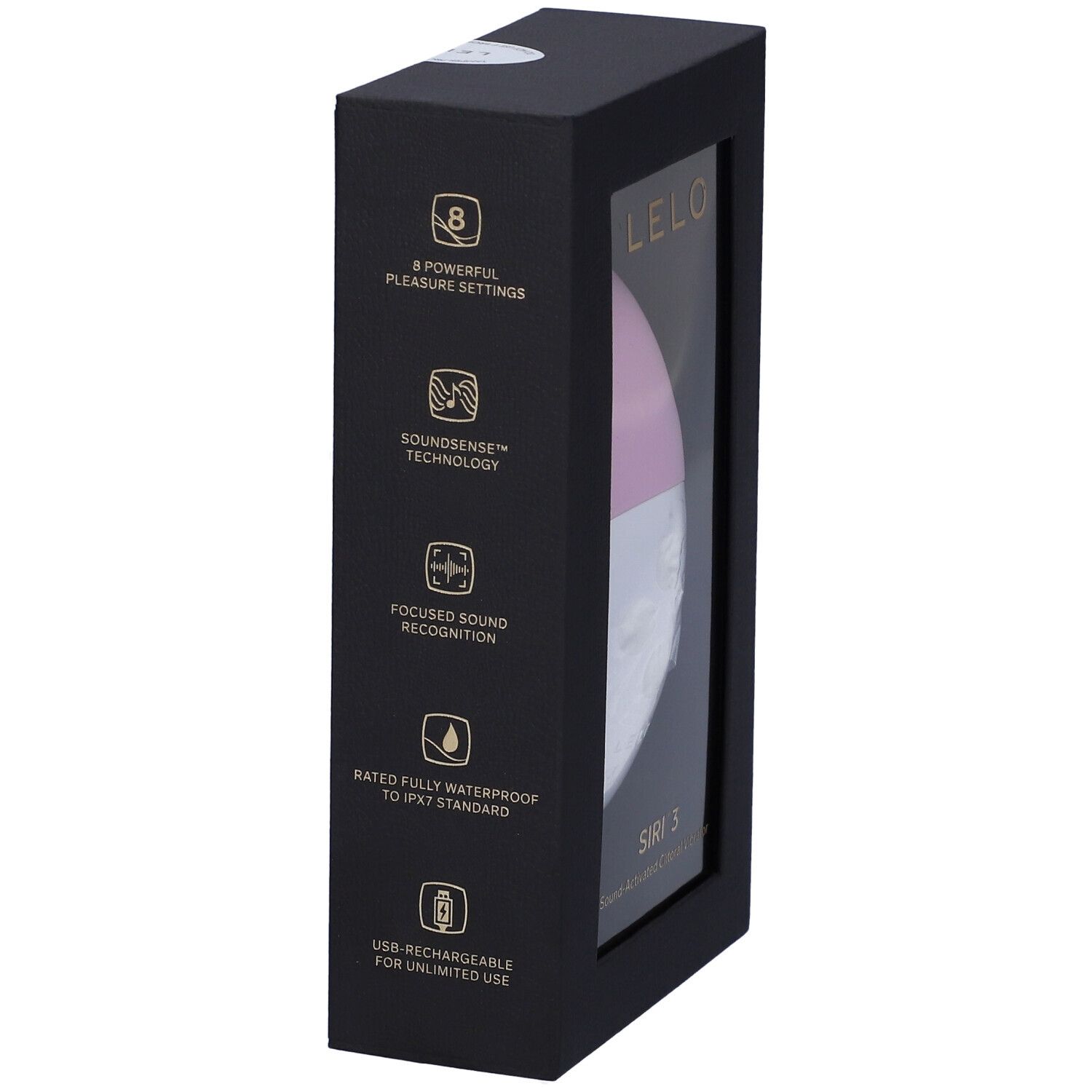 Schwarze Verpackung mit Produktinformationen. Lelo Siri 3, 8 Einstellungen, SoundSense-Technologie, wasserdicht.