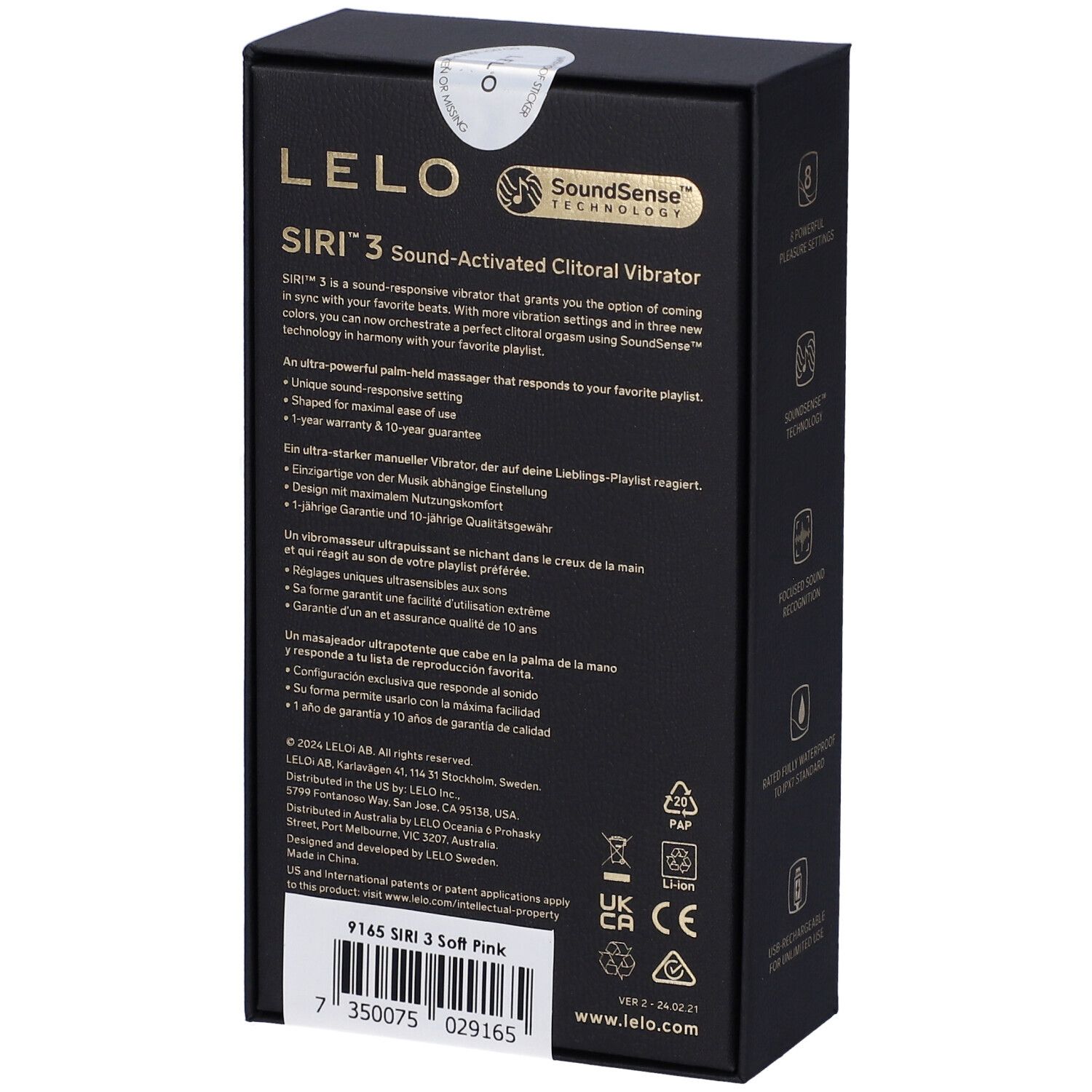 Rückseite der Verpackung. Lelo Siri 3, Sound-Activated Clitoral Vibrator. Text und Logos.