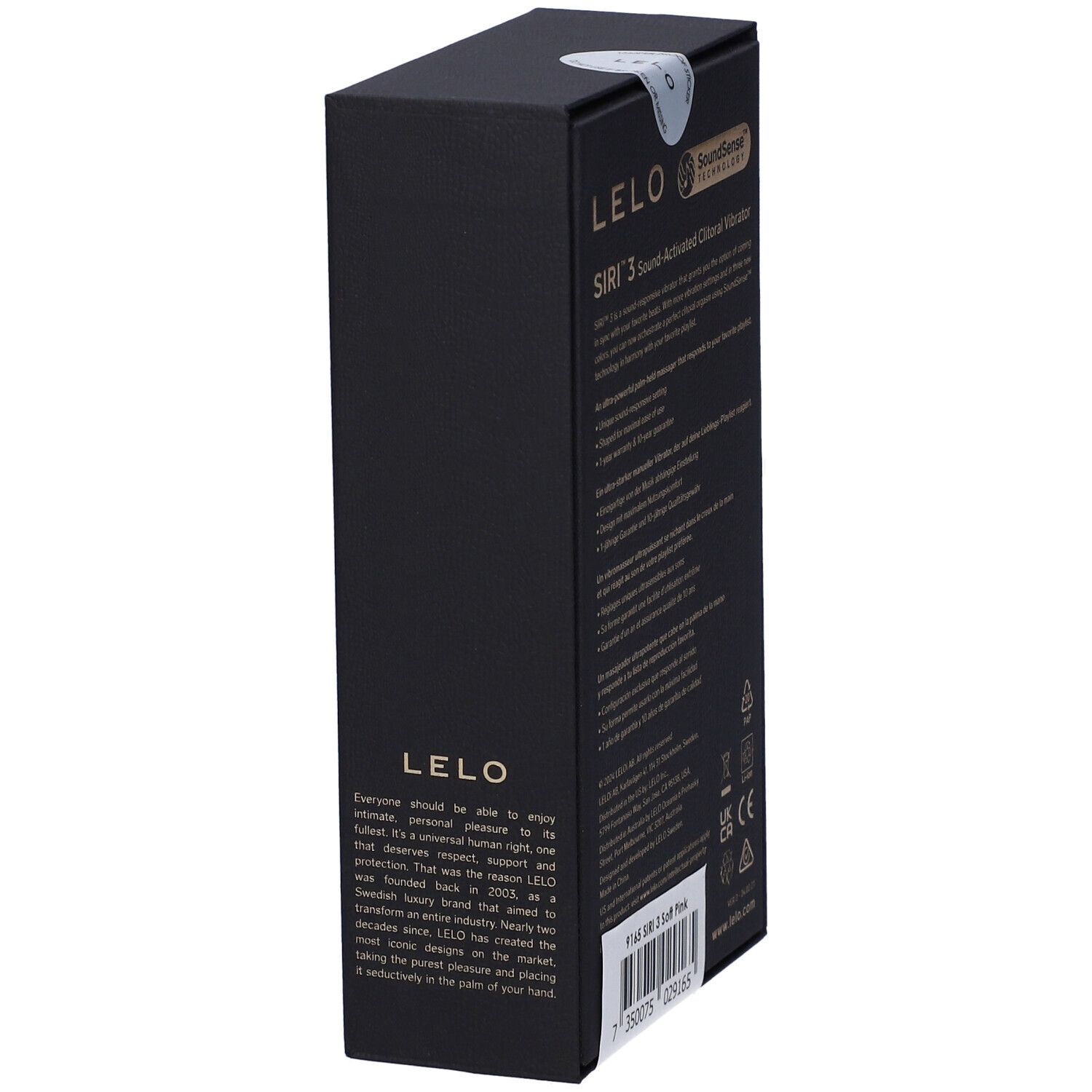 Schwarze Verpackung mit Text. Lelo, Siri 3, Informationen zum Hersteller und zur Marke.