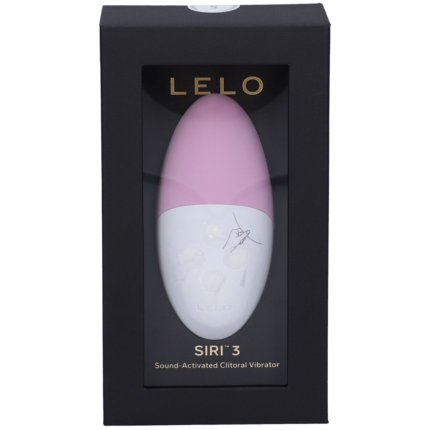 Lelo Siri 3, Soft Pink, in schwarzer Verpackung mit Sichtfenster. Produkt in Rosa und Weiß sichtbar.