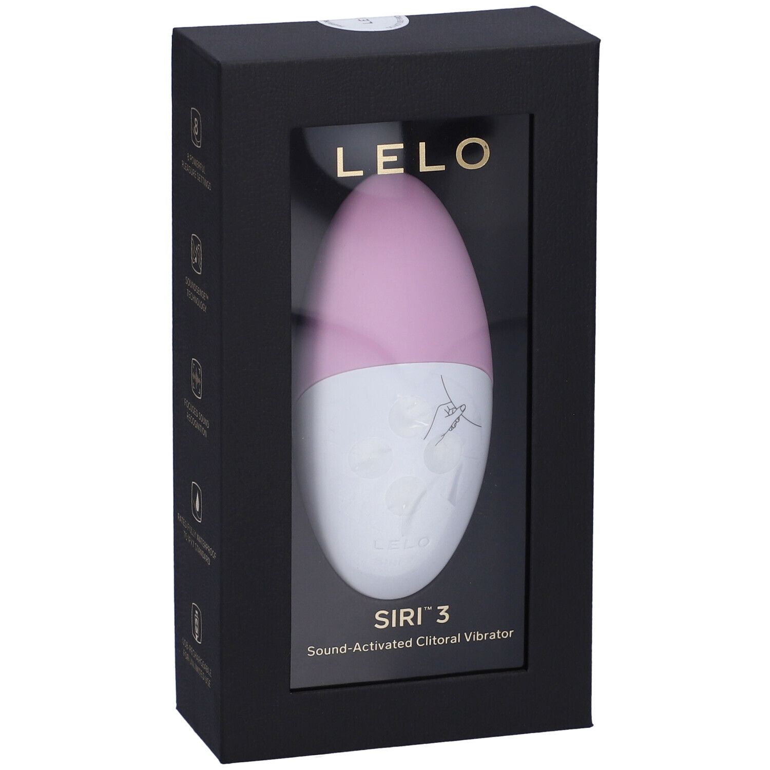 Lelo Siri 3, Soft Pink, in schwarzer Verpackung mit Sichtfenster. Produkt in Rosa und Weiß sichtbar.