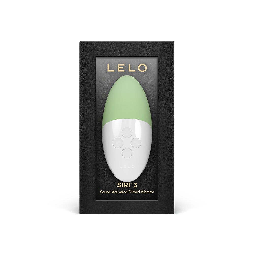Verpackung mit LELO Siri 3 Vibrator. Pistachio Cream, grün-weiß. Schwarzer Karton mit Sichtfenster.